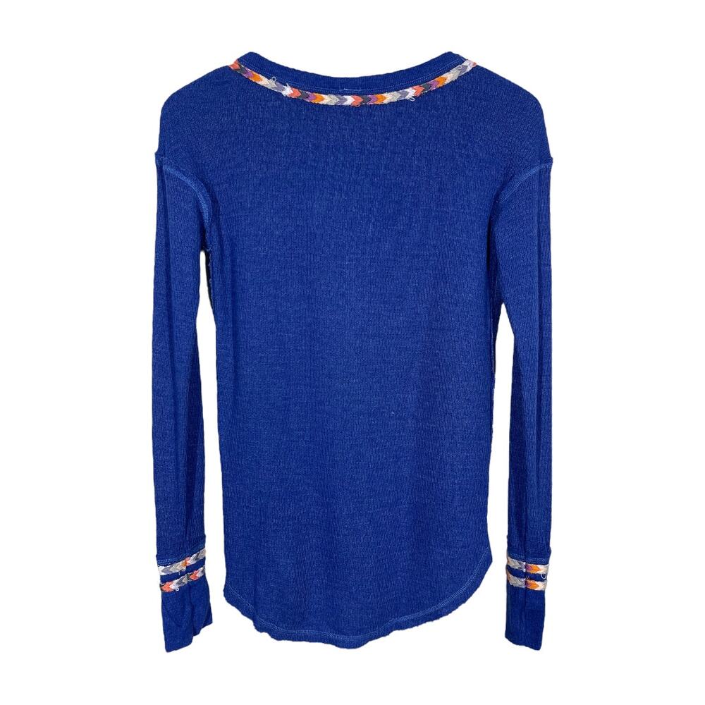 Free People Rainbow Thermal Henley Top XS Blue Long Sleeve Embroidered Boho - Picture 4 of 7